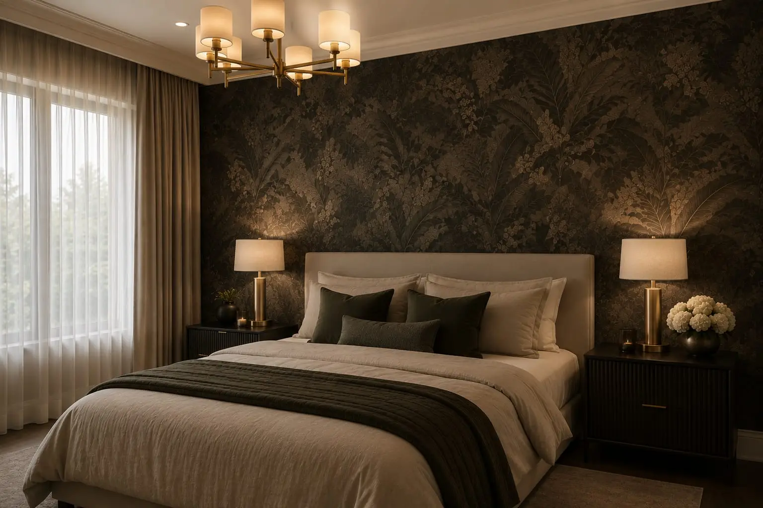 Bedroom feature wall in dark botanical wallpaper, hung seam-free from edge to edge