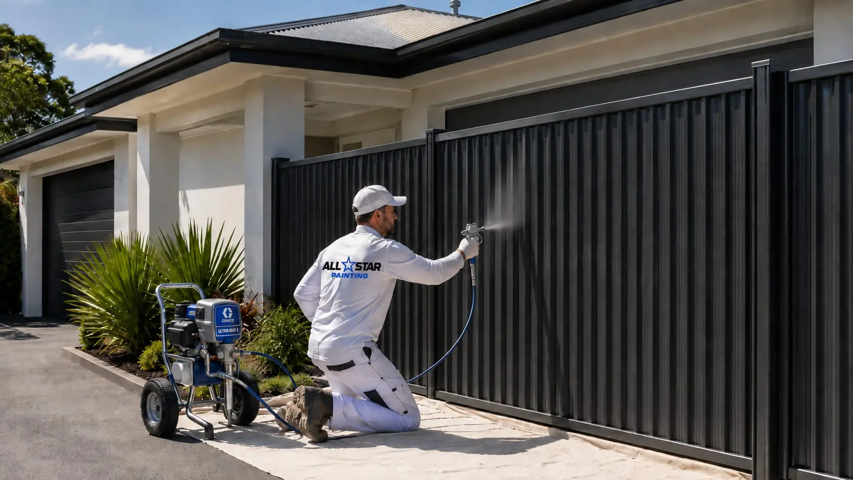 Spraying a fence line to an even finish in Windsor