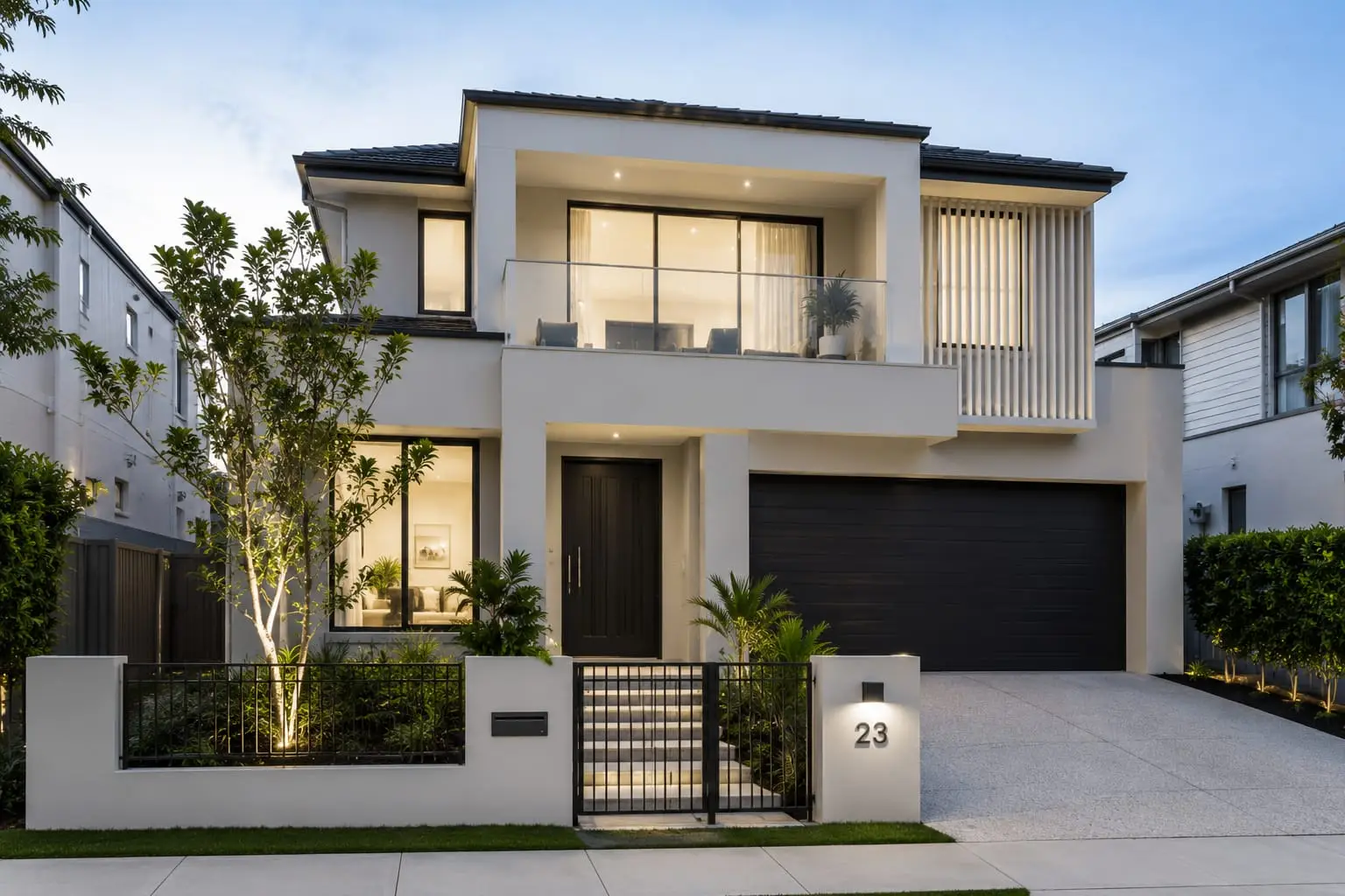Two-storey rendered home exterior in white and charcoal at dusk