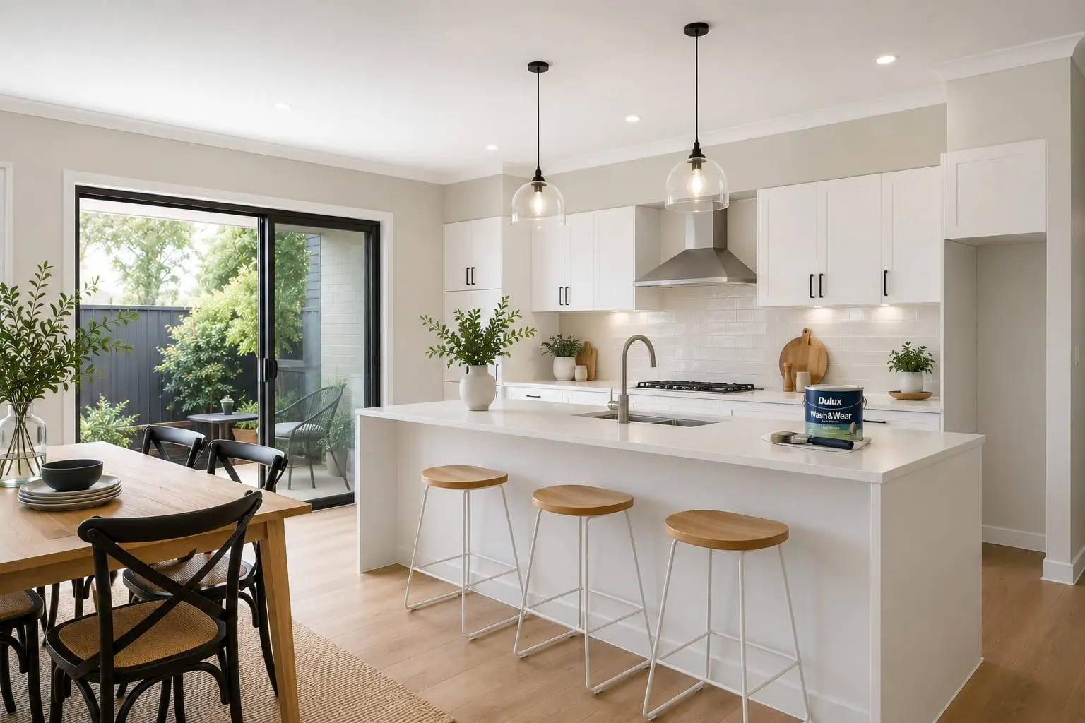 Newly painted open-plan kitchen and dining room with a paint tin on the island bench