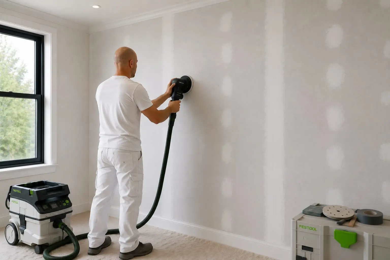 Painter sanding a patched wall with a dust-extracted sander before priming