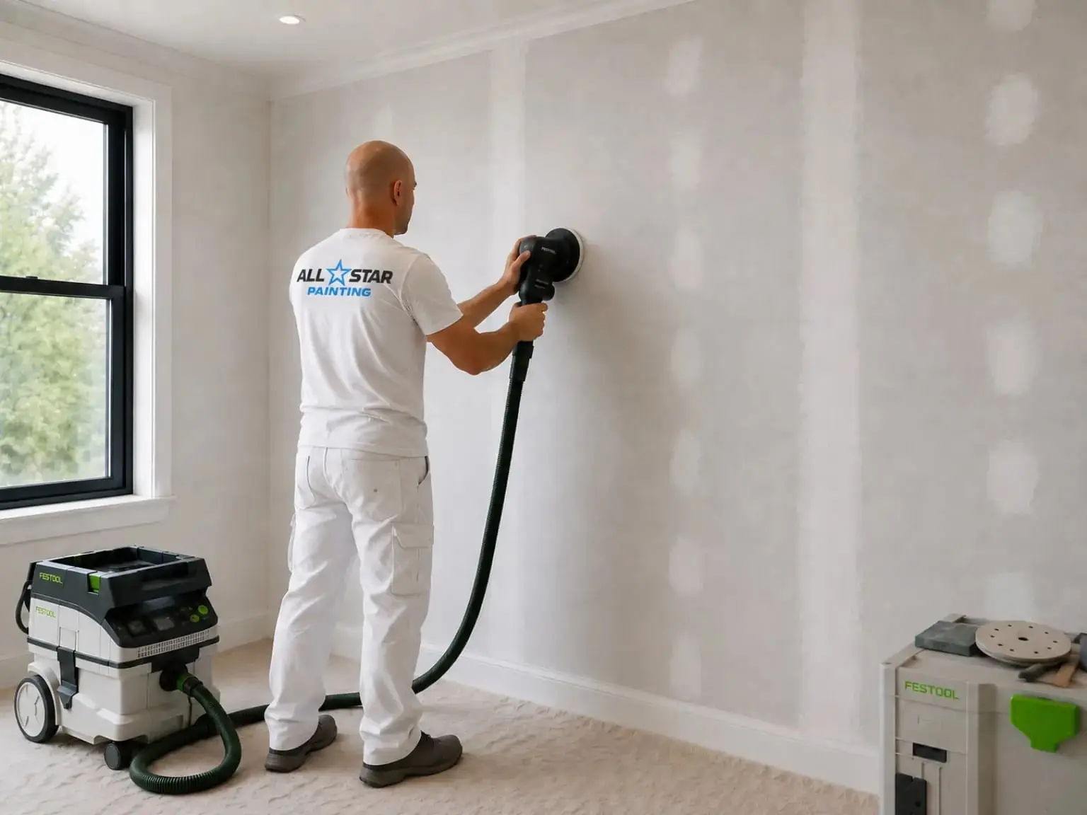 All Star painter sanding a wall smooth with a dust-extracted sander before painting