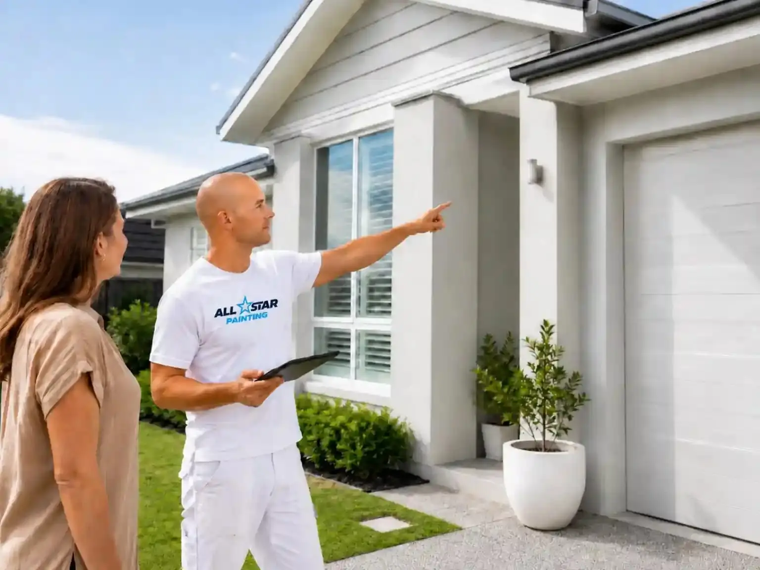 All Star painter walking a client through the quote on site outside their home